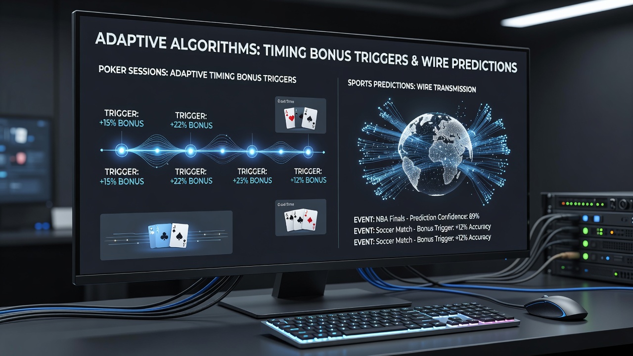 Wireless handheld screen showing synchronized poker bonus prompt and live sports event prediction dashboard