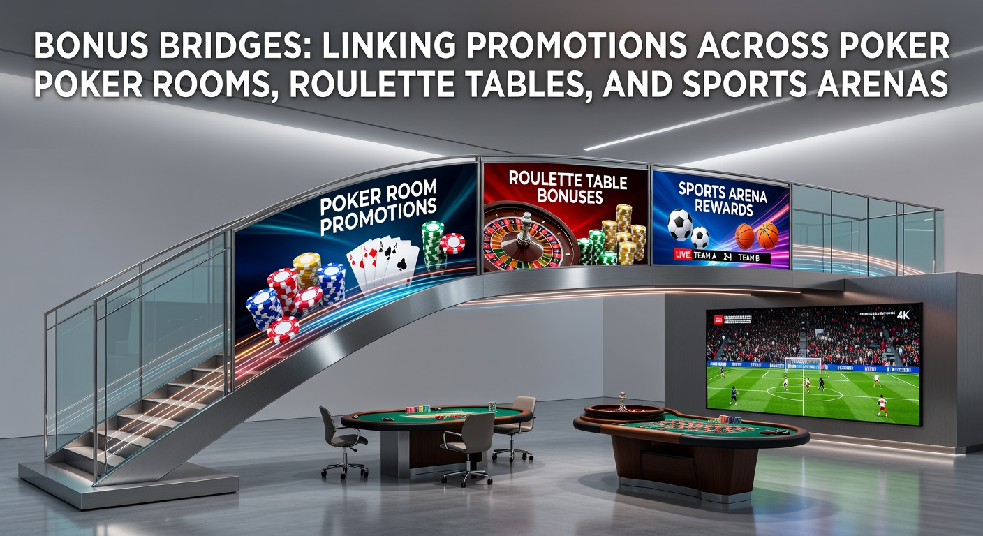 Digital graphic showing interconnected bridges between poker chips, roulette wheel, and sports betting odds boards, symbolizing cross-promotion bonuses