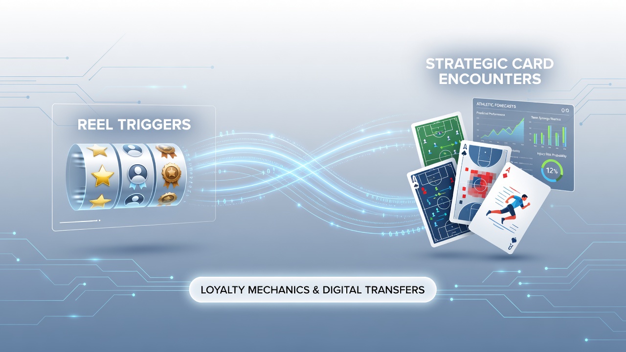 Mobile app interface showing loyalty points transferring between slot reels, card games, and sports betting sections on a smartphone screen