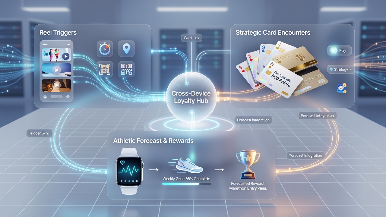 Illustration of loyalty point flow from slot reels to poker tables and sports betting dashboards on connected mobile devices
