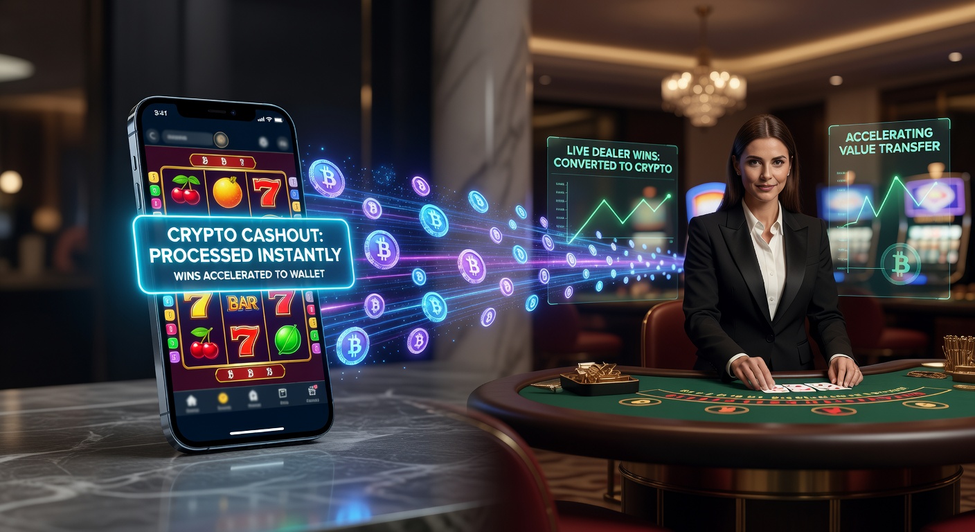 Vibrant mobile slot game interface transitioning to a live dealer blackjack table with cryptocurrency icons overlayed, illustrating fast cashout flow