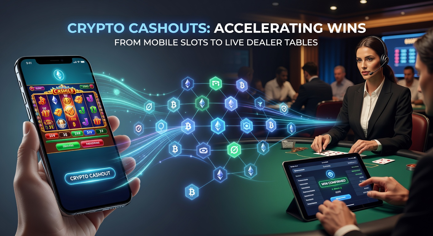 Dynamic graphic showing Bitcoin and Ethereum transactions flowing from a slot machine payout to a live poker table, with speedometer icons emphasizing rapid transfers