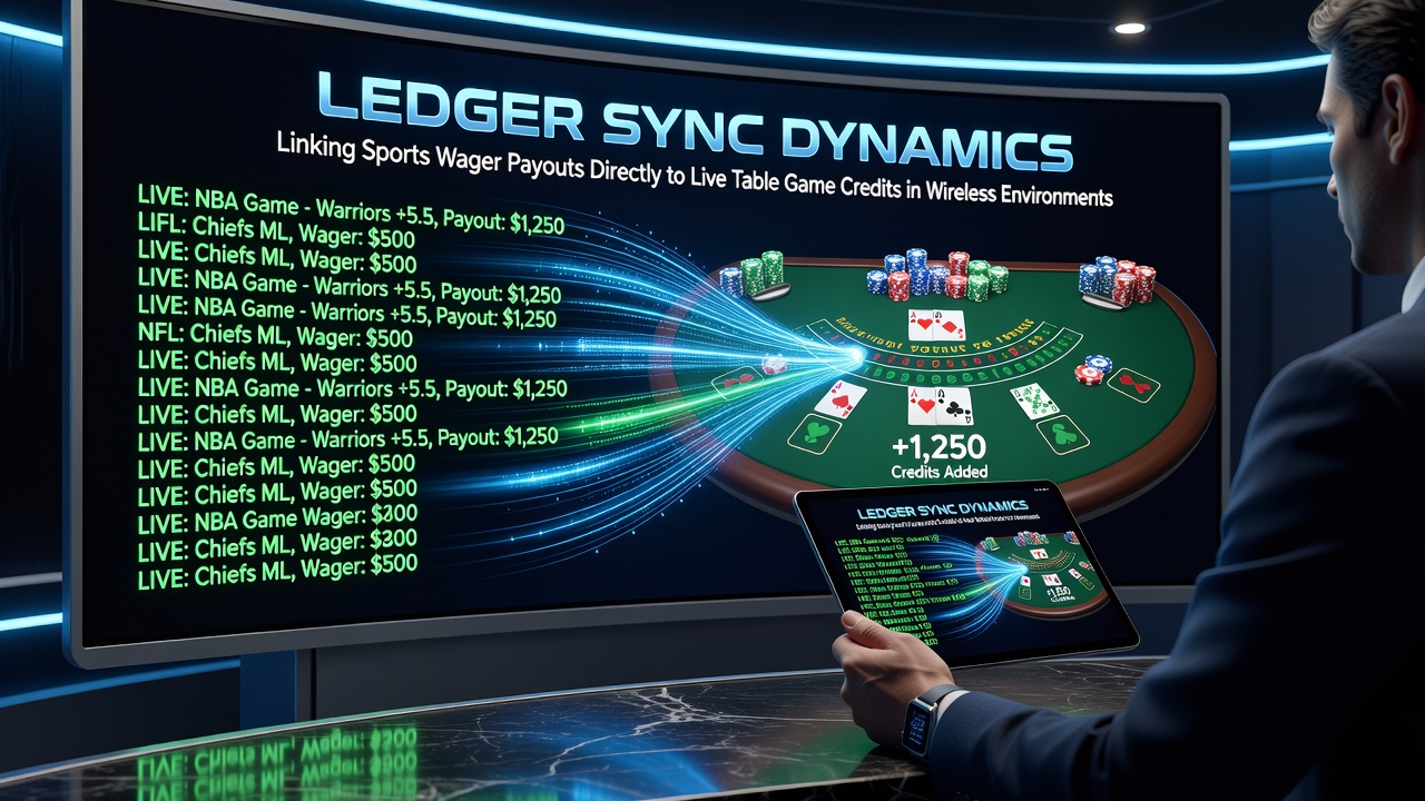 Wireless ledger synchronization interface displaying sports wager payouts converting to live table game credits on mobile devices
