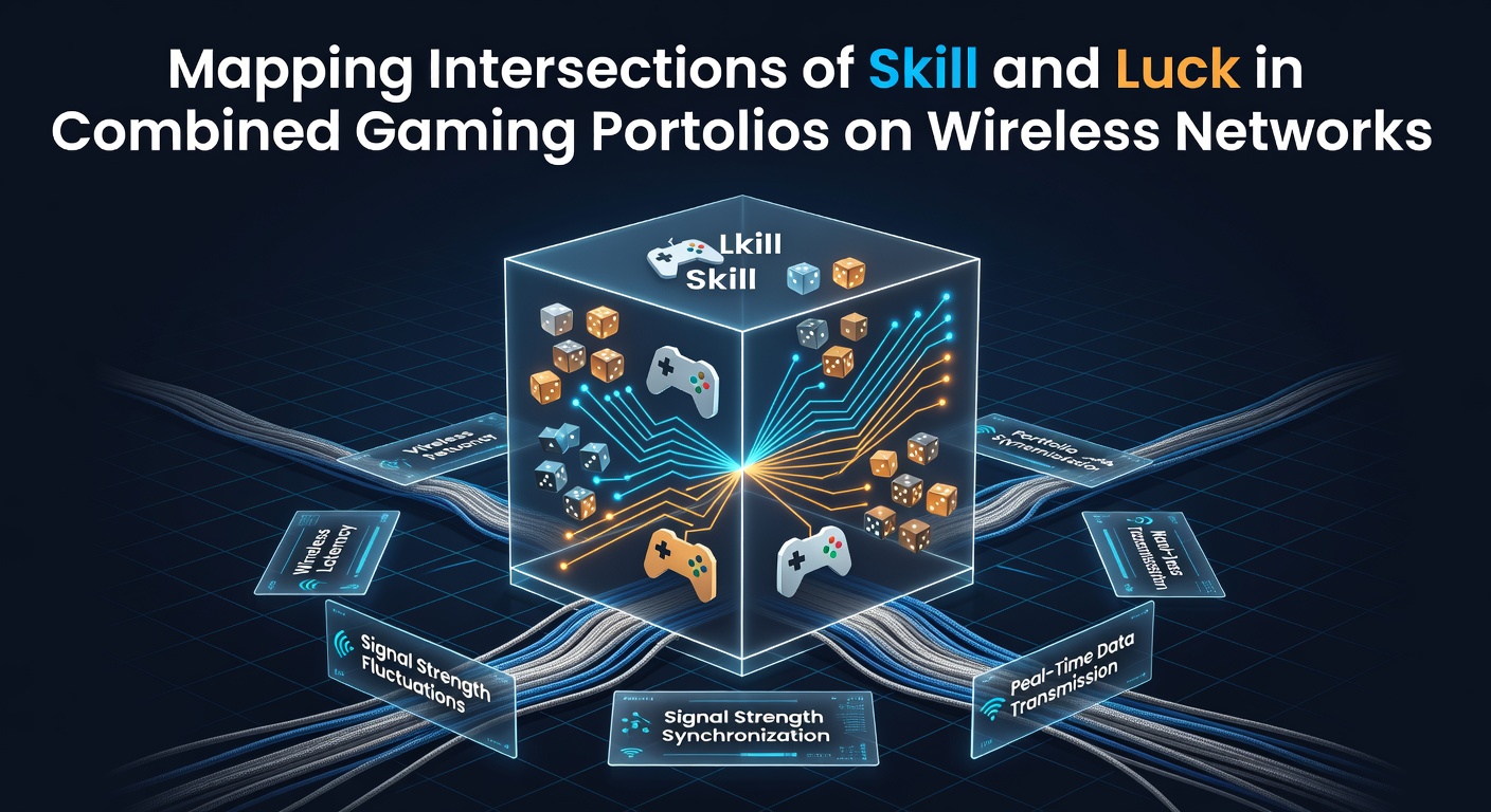 Wireless network visualization showing interconnected gaming modules with skill and chance indicators overlaid on mobile device interfaces