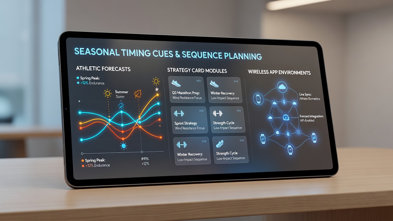 Mobile app screen showing seasonal timing adjustments for sports forecasts and card strategy sequences