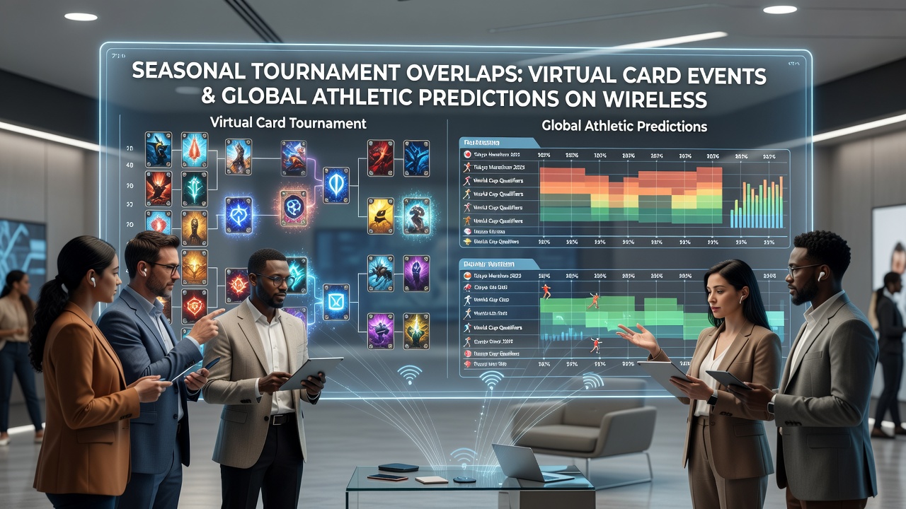 Illustration of seasonal calendar overlaps with icons for poker tournaments and sports events connected via mobile network pathways