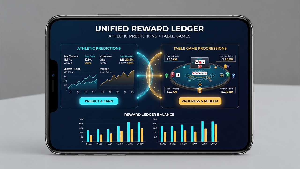 Smartphone app interface showing unified rewards dashboard for sports predictions and table games