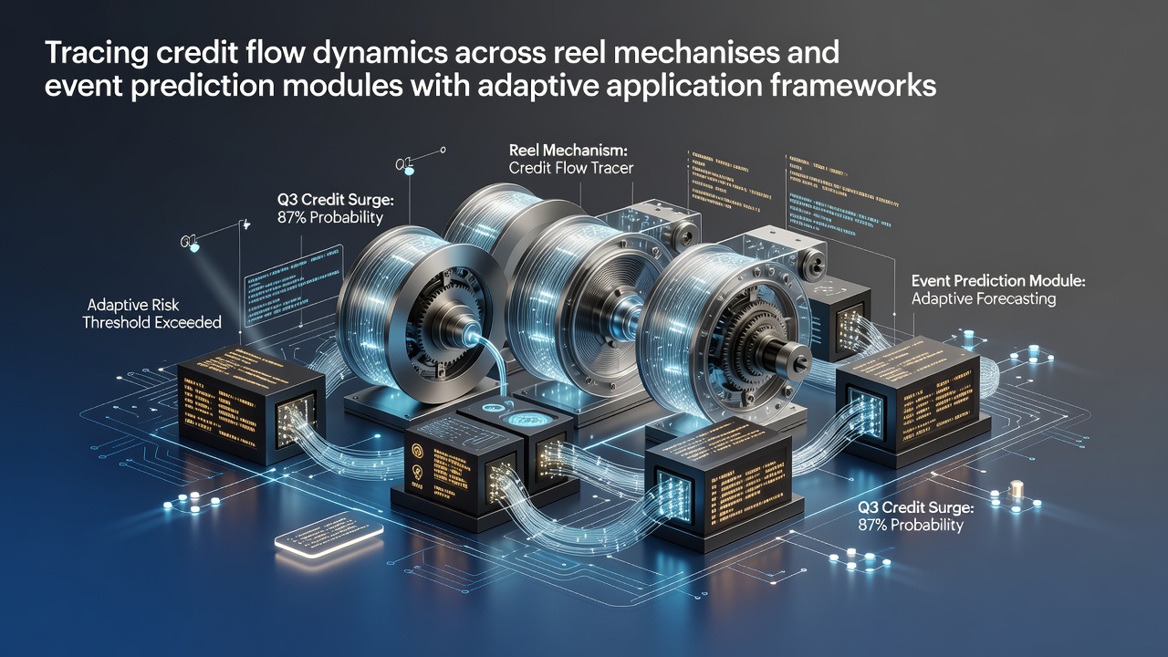 Diagram showing credit pathways between slot reel systems and predictive event modules in mobile frameworks