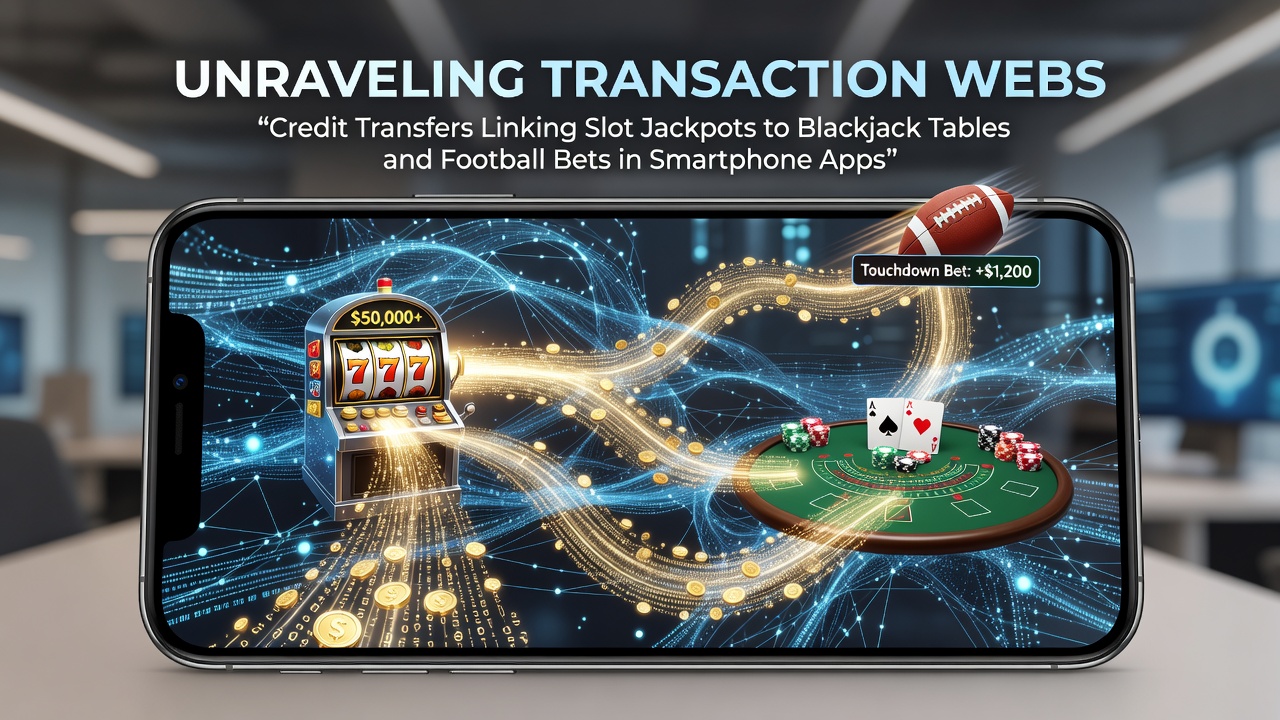 Diagram showing credit transfer flows between slot games, blackjack tables, and football betting sections in a smartphone gaming app interface