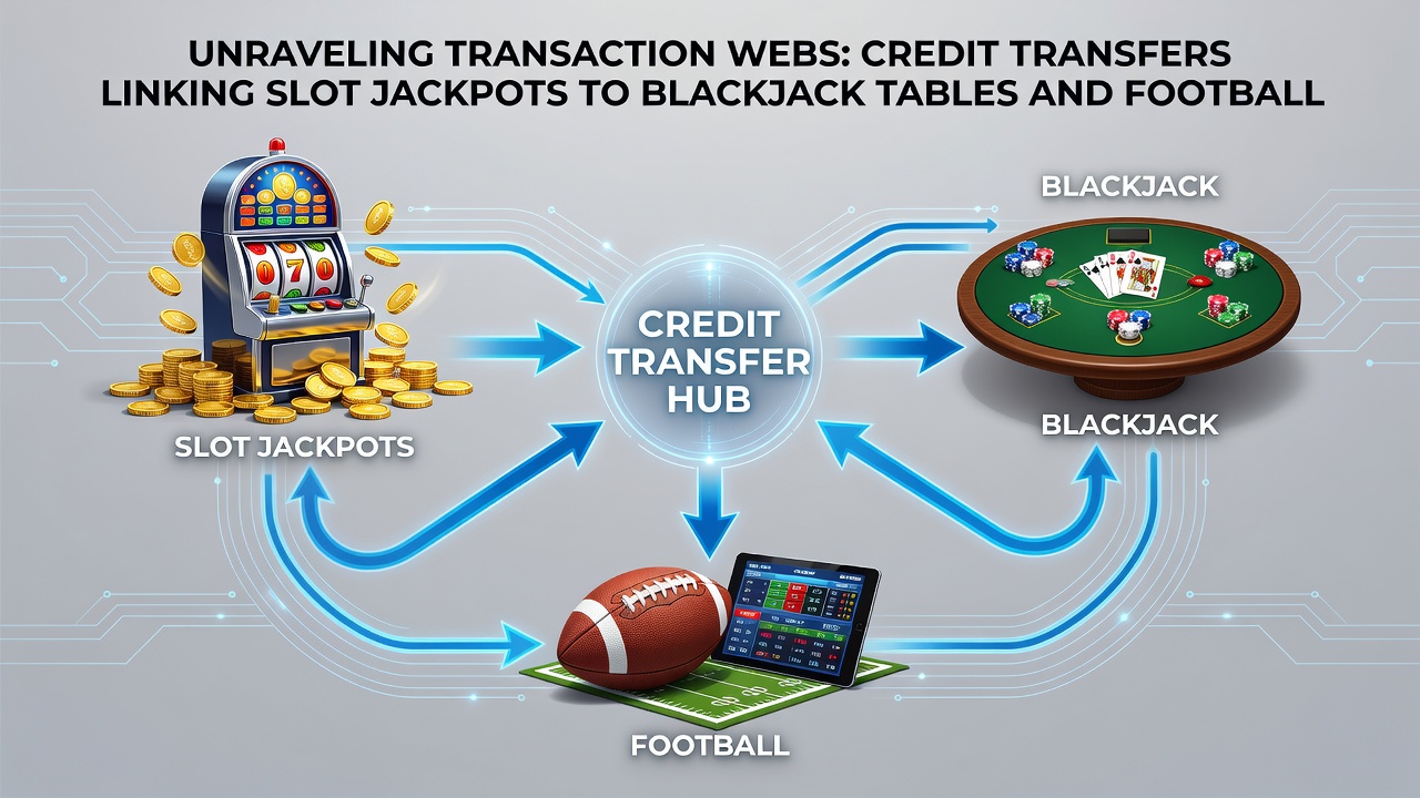 Smartphone screen displaying seamless credit movement from a slot win to a blackjack table and then to a football bet placement